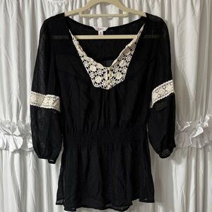 Candie's Black Blouse with Cream Lace Details